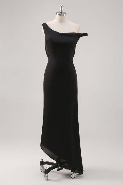 Leely Women Black One Shoulder Sheath Bridesmaid Dress Backless Asymmetrical Wedding Guest Dress