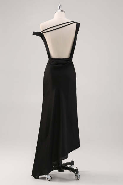 Black One Shoulder Sheath Asymmetrical Bridesmaid Dress
