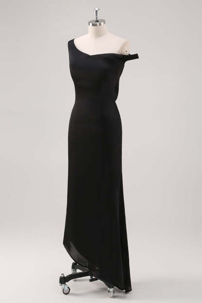 Black One Shoulder Sheath Asymmetrical Bridesmaid Dress