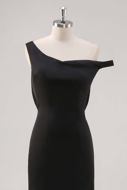 Black One Shoulder Sheath Asymmetrical Bridesmaid Dress