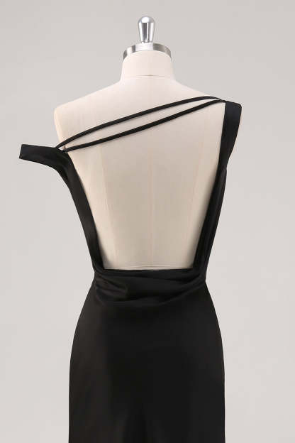 Black One Shoulder Sheath Asymmetrical Bridesmaid Dress