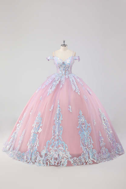Leely Women Blush Pink Corset Sequined Quinceañera Dress with Bow Cold Shoulder Ball Gown with Lace Up Back
