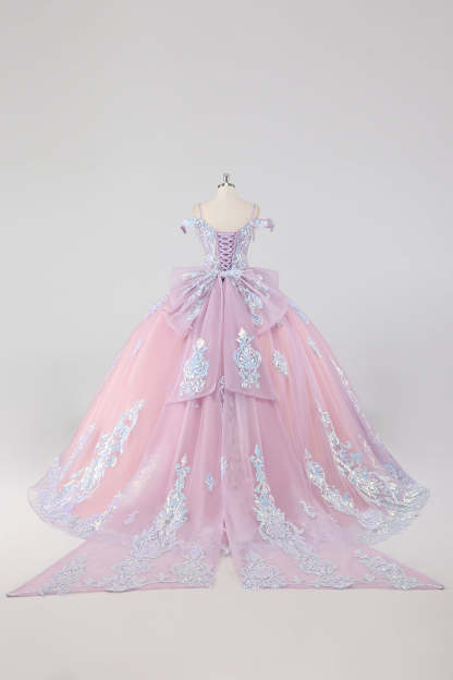 Blush Pink Cold Shoulder Corset Sequined Quinceañera Dress with Bow
