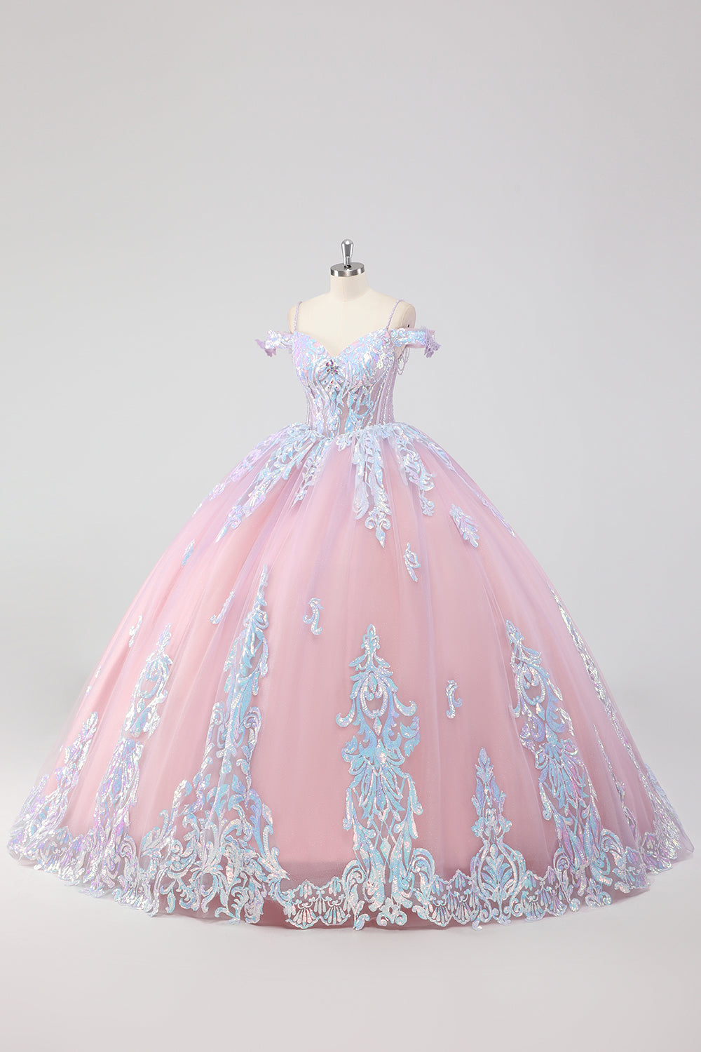 Blush Pink Cold Shoulder Corset Sequined Quinceañera Dress with Bow