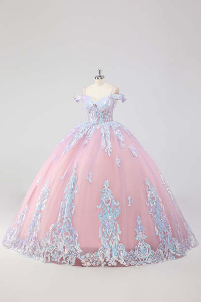 Blush Pink Cold Shoulder Corset Sequined Quinceañera Dress with Bow