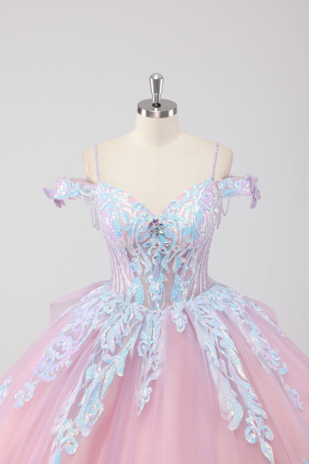 Blush Pink Cold Shoulder Corset Sequined Quinceañera Dress with Bow