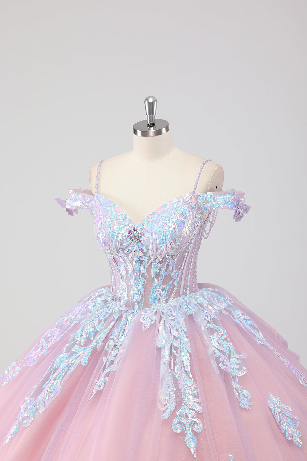 Blush Pink Cold Shoulder Corset Sequined Quinceañera Dress with Bow