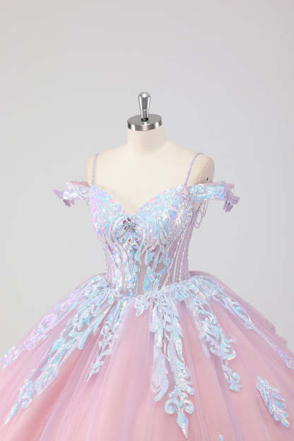 Blush Pink Cold Shoulder Corset Sequined Quinceañera Dress with Bow