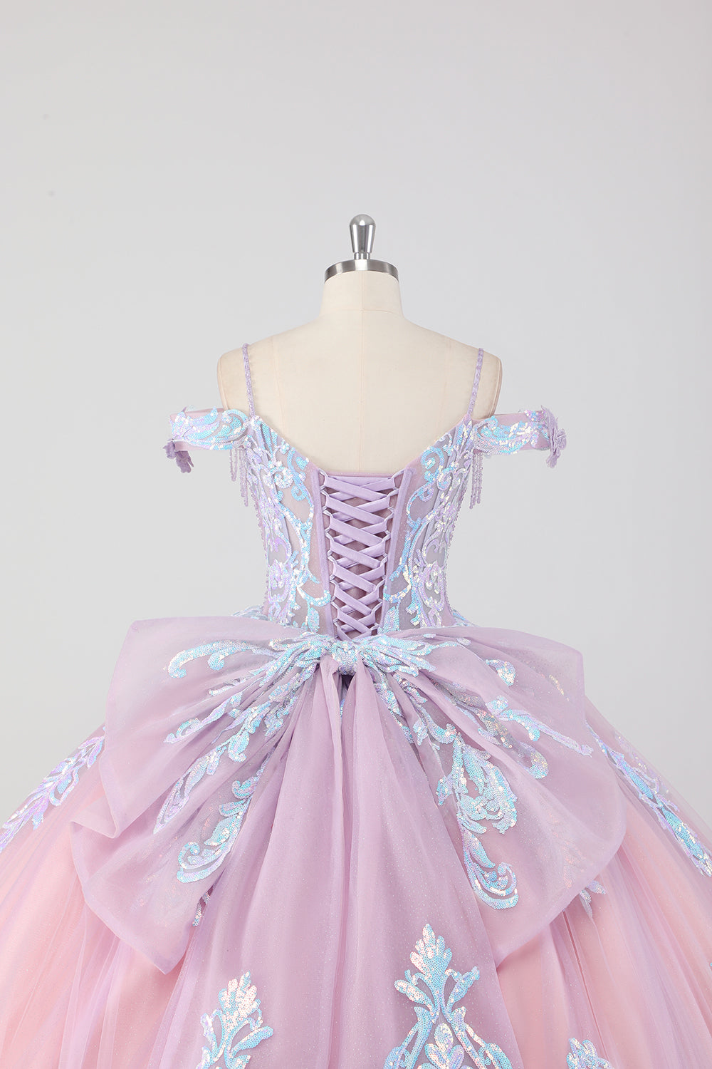 Blush Pink Cold Shoulder Corset Sequined Quinceañera Dress with Bow