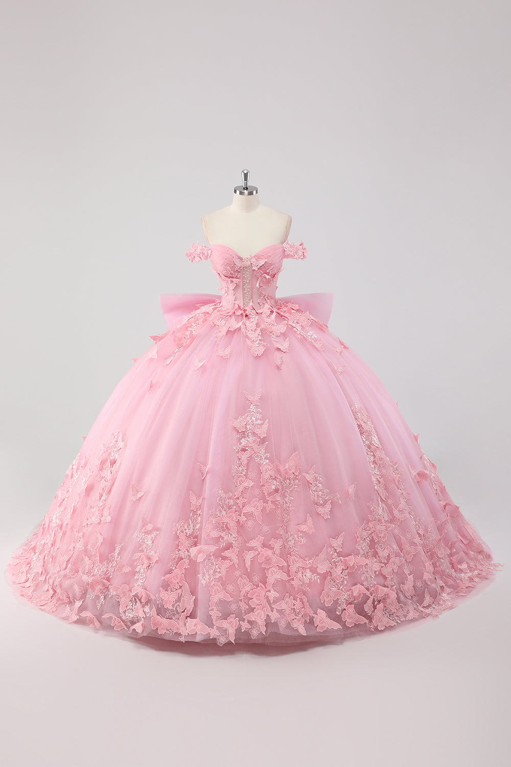 Leely Women Blush Pink Corset Applique Quinceañera Dress with Bow Off the Shoulder Ball Gown with Lace Up Back
