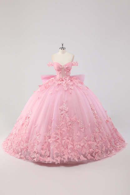 Leely Women Blush Pink Corset Applique Quinceañera Dress with Bow Off the Shoulder Ball Gown with Lace Up Back