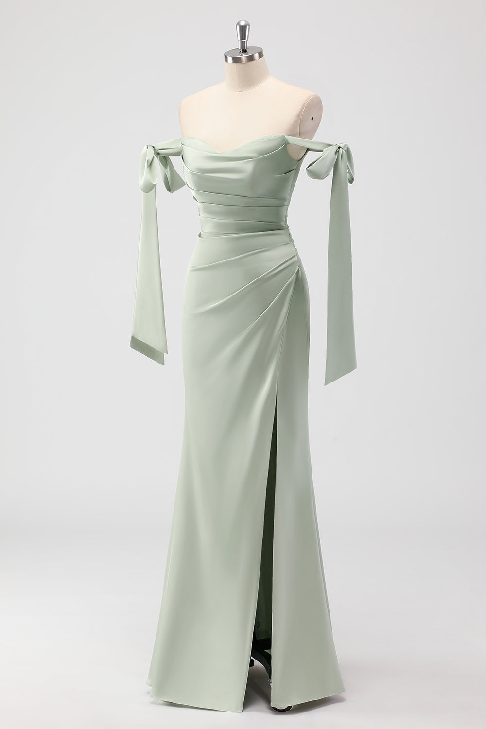 Sage Green Ruched Sheath Satin Bridesmaid Dress with Bows