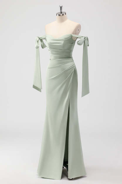 Sage Green Ruched Sheath Satin Bridesmaid Dress with Bows