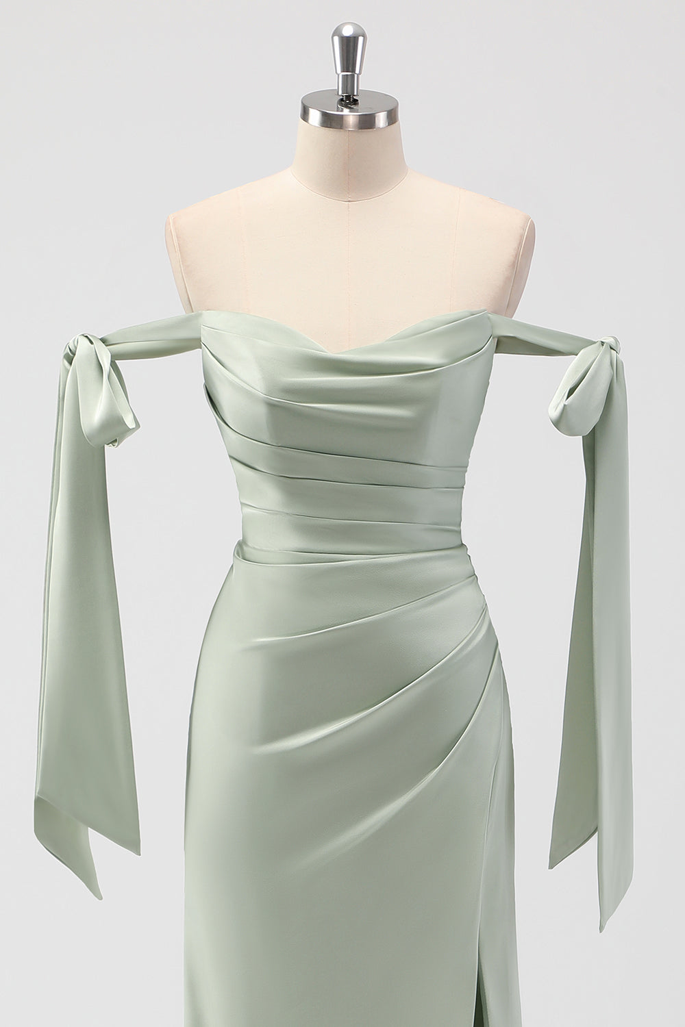 Sage Green Ruched Sheath Satin Bridesmaid Dress with Bows