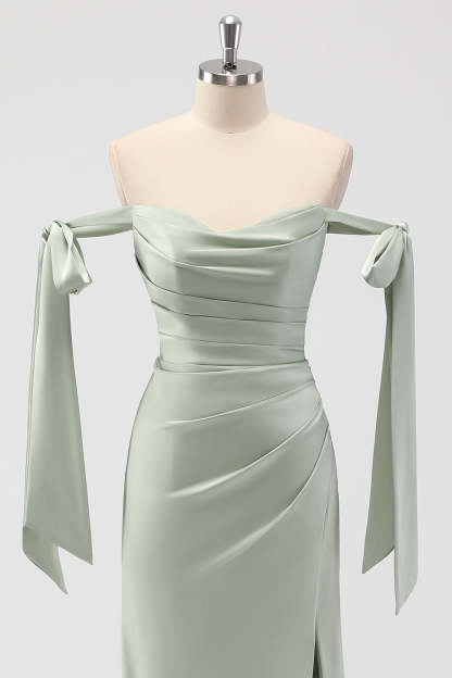 Sage Green Ruched Sheath Satin Bridesmaid Dress with Bows