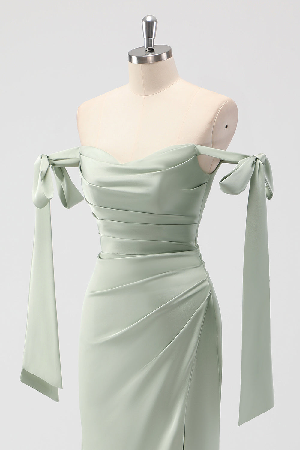 Sage Green Ruched Sheath Satin Bridesmaid Dress with Bows