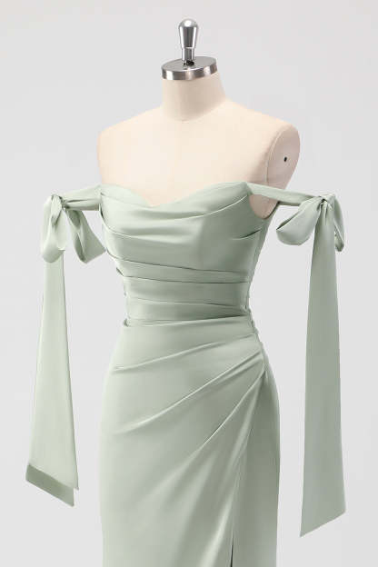 Sage Green Ruched Sheath Satin Bridesmaid Dress with Bows