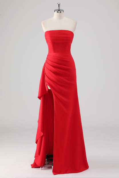Leely Women Red Sheath Ruffled Maxi Formal Dress with Slit Ruched Strapless Red Carpet Dress