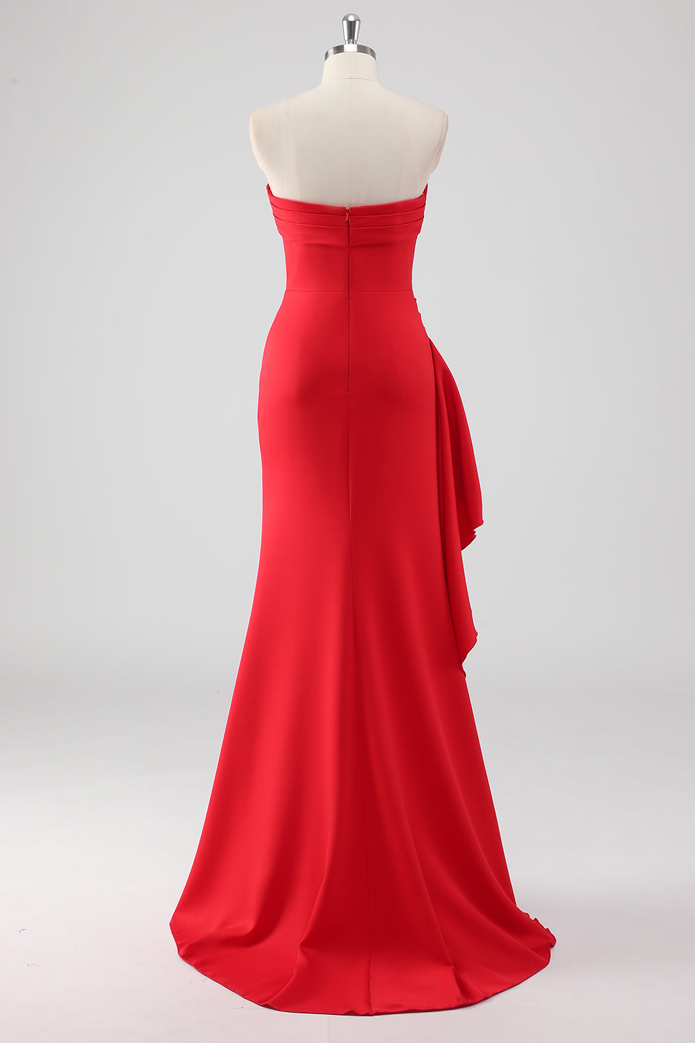 Red Strapless Sheath Ruffled Maxi Formal Dress with Slit
