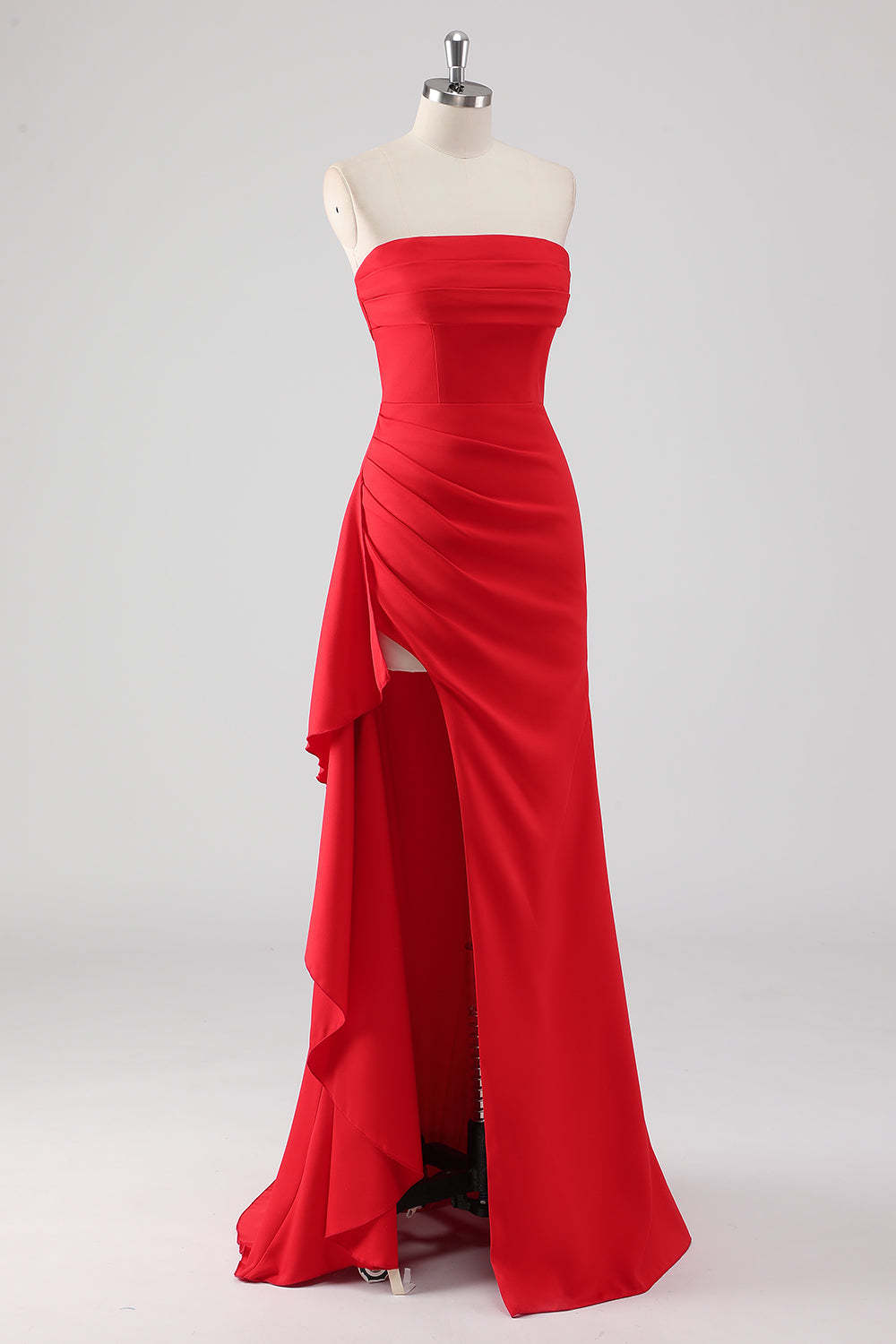 Red Strapless Sheath Ruffled Maxi Formal Dress with Slit