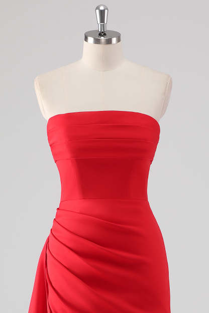 Red Strapless Sheath Ruffled Maxi Formal Dress with Slit