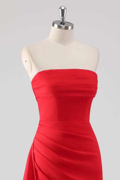 Red Strapless Sheath Ruffled Maxi Formal Dress with Slit