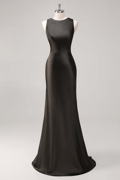 Leely Women Simple Dark Grey Sheath Formal Dress Jewel Neck Maxi Wedding Guest Dress with Criss Cross Back
