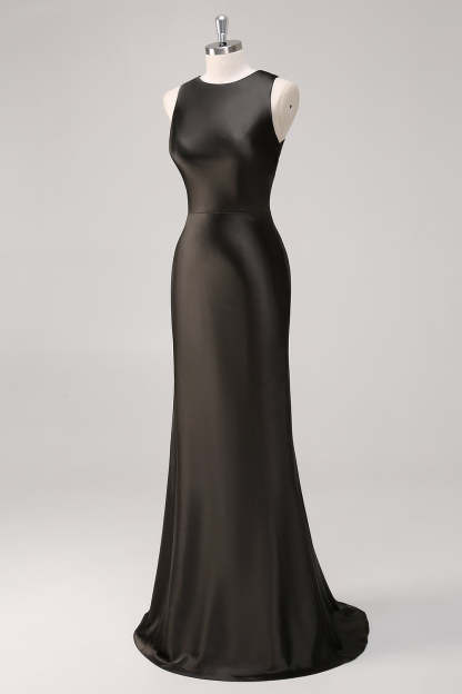 Simple Dark Grey Sheath Jewel Neck Maxi Formal Dress