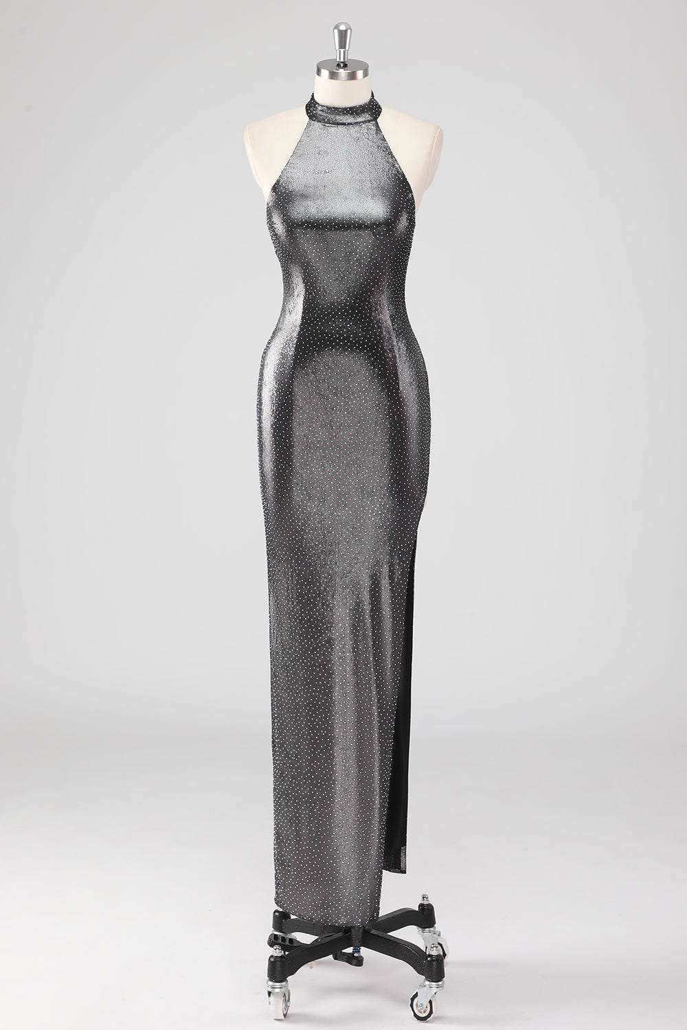 Leely Women Glitter Silver Grey Halter Sheath Formal Dress with Slit Backless Tea Length Red Carpet Dress
