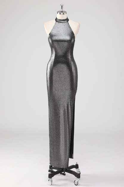 Leely Women Glitter Silver Grey Halter Sheath Formal Dress with Slit Backless Tea Length Red Carpet Dress