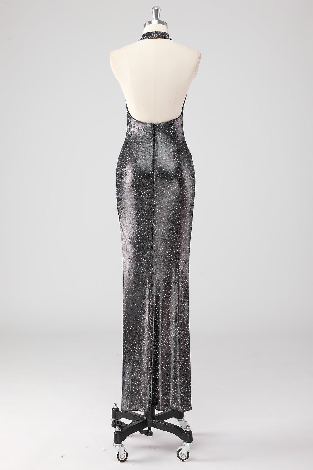 Glitter Silver Grey Halter Sheath Formal Dress with Slit