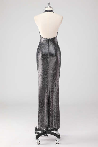Glitter Silver Grey Halter Sheath Formal Dress with Slit