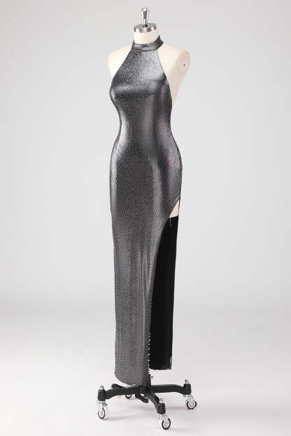 Glitter Silver Grey Halter Sheath Formal Dress with Slit