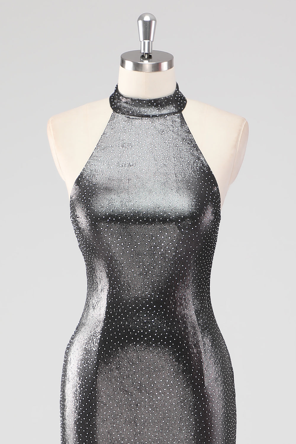 Glitter Silver Grey Halter Sheath Formal Dress with Slit