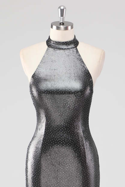 Glitter Silver Grey Halter Sheath Formal Dress with Slit