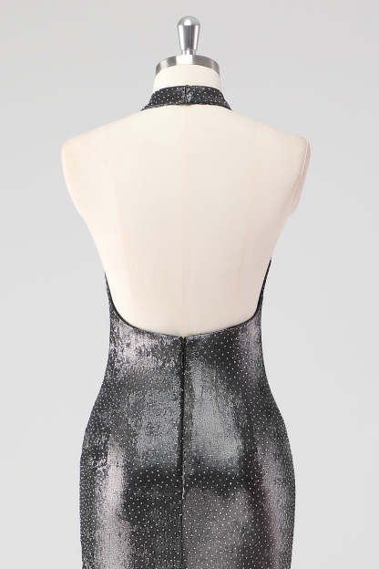 Glitter Silver Grey Halter Sheath Formal Dress with Slit
