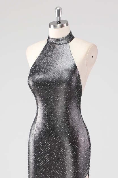 Glitter Silver Grey Halter Sheath Formal Dress with Slit