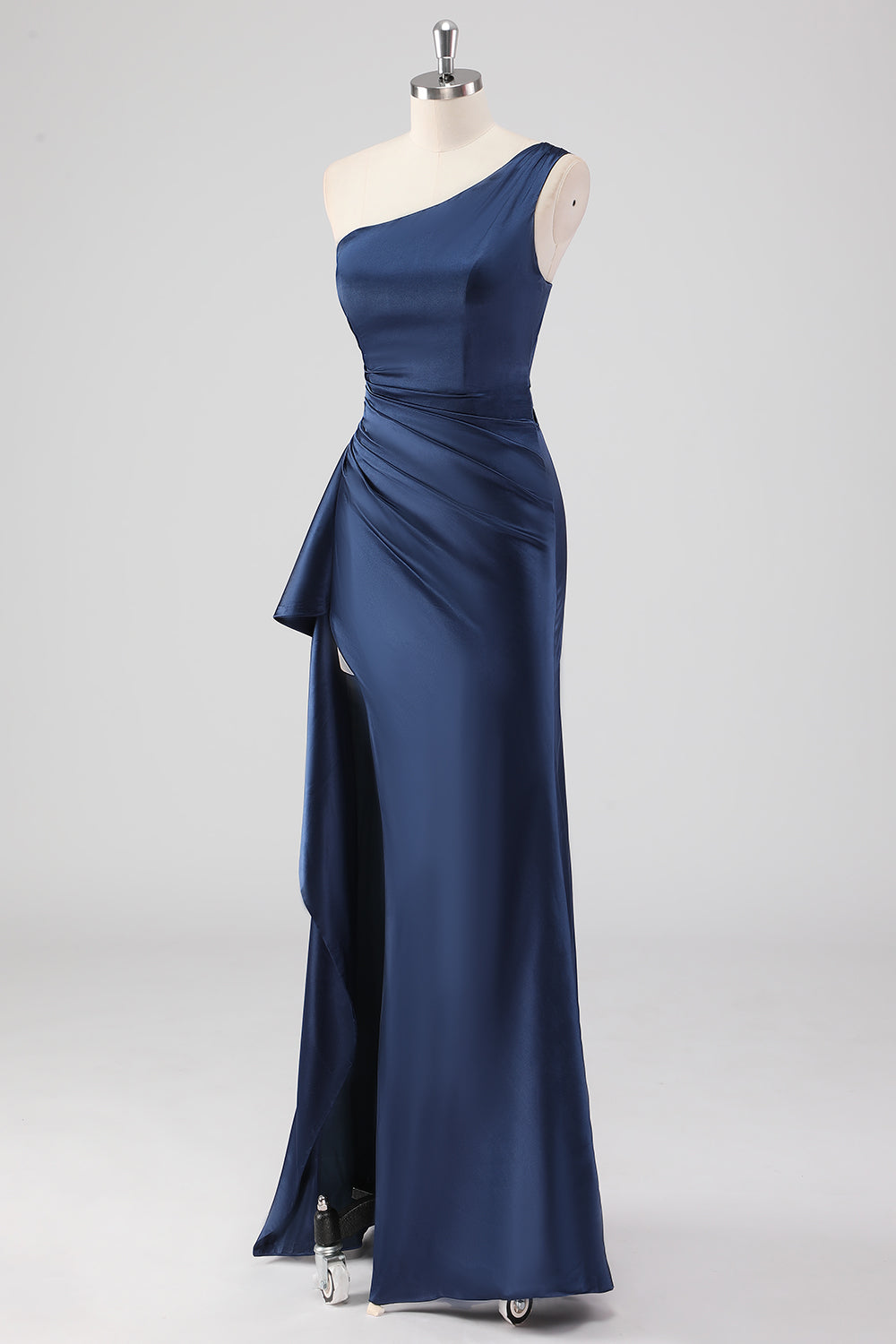 Navy One Shoulder Sheath Ruched Formal Dress with Slit