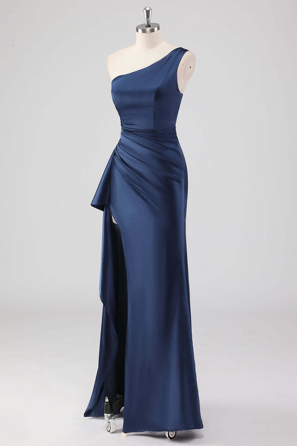 Navy One Shoulder Sheath Ruched Formal Dress with Slit
