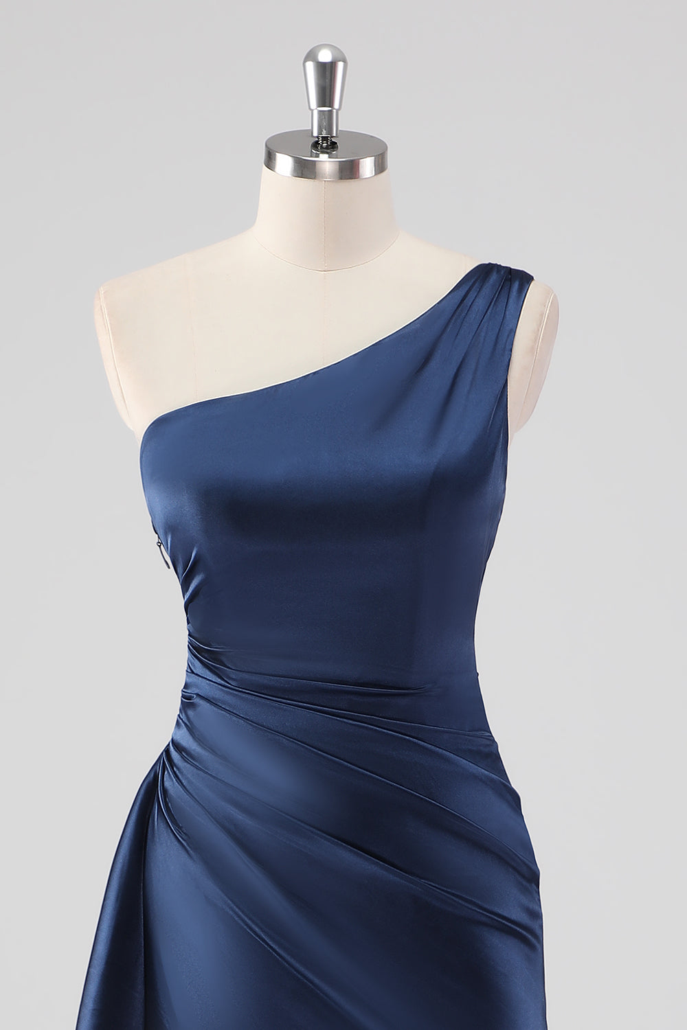 Navy One Shoulder Sheath Ruched Formal Dress with Slit