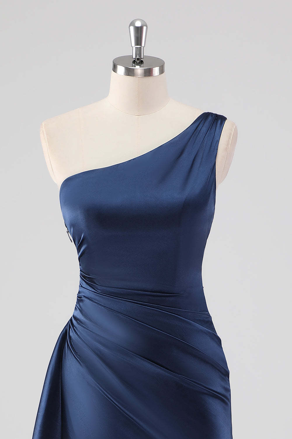 Navy One Shoulder Sheath Ruched Formal Dress with Slit