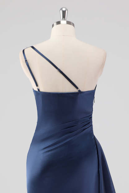 Navy One Shoulder Sheath Ruched Formal Dress with Slit