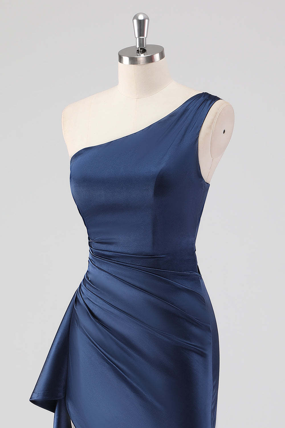 Navy One Shoulder Sheath Ruched Formal Dress with Slit