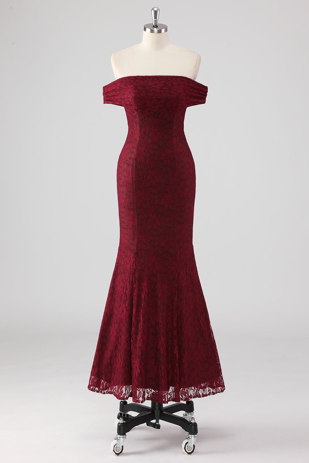 Leely Women Mermaid Burgundy Lace Applique Formal Dress Off the Shoulder Tea Length Wedding Guest Dress