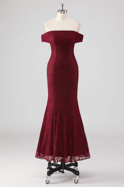 Leely Women Mermaid Burgundy Lace Applique Formal Dress Off the Shoulder Tea Length Wedding Guest Dress