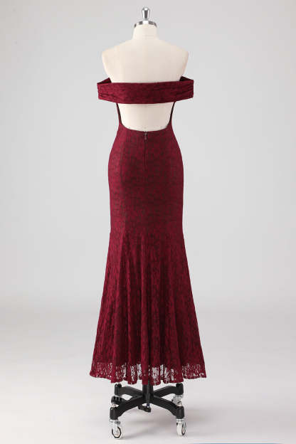Mermaid Off the Shoulder Burgundy Lace Applique Formal Dress