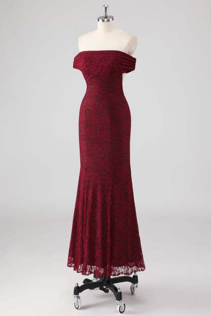 Mermaid Off the Shoulder Burgundy Lace Applique Formal Dress