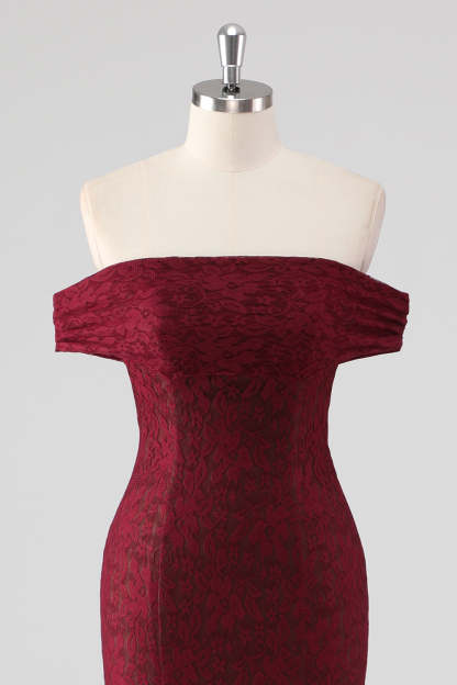 Mermaid Off the Shoulder Burgundy Lace Applique Formal Dress