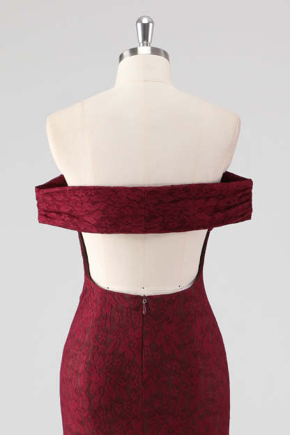 Mermaid Off the Shoulder Burgundy Lace Applique Formal Dress
