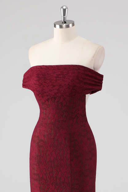 Mermaid Off the Shoulder Burgundy Lace Applique Formal Dress